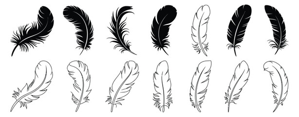 Bird Feather Pen Icon Set black quill feather silhouettes, elegant plume illustrations, vintage writing symbols, decorative design elements, isolated on white background © Bulbuli