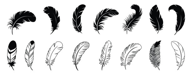 Bird Feather Pen Icon Set black quill feather silhouettes, elegant plume illustrations, vintage writing symbols, decorative design elements, isolated on white background © Bulbuli