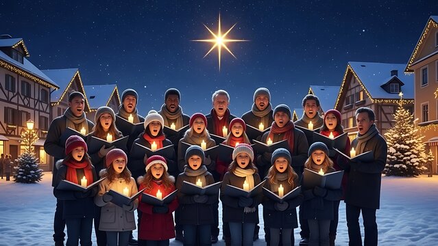 Group of Christmas carolers singing in snowy village.
