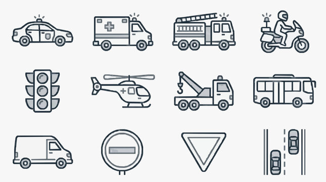 Elegant Monochrome Line Icons Set of Emergency Public Service and Road Safety Vehicles and Symbols