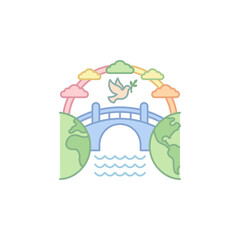 Obraz premium Dove of Peace flying over bridge connecting Earth, rainbow and clouds, symbol of hope