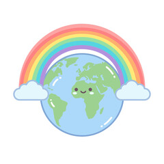 Obraz premium Cute cartoon earth with rainbow and clouds, happy planet illustration