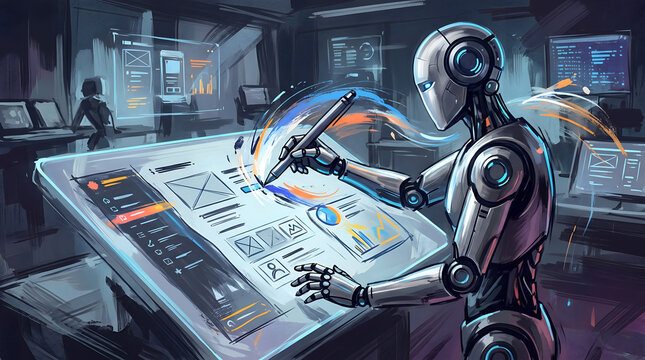 AI Robot Designing UI UX Wireframe on Digital Screen