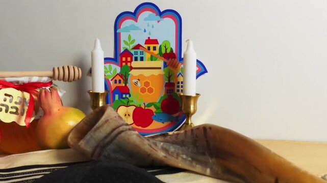 Traditional rosh hashanah celebration with shofar and honey
