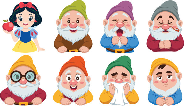 Snow White Princess and Seven Dwarfs Character Avatar Set with Different Expressions and Poisoned Red Apple Vector Illustration for Kids Fairytale Book Designs
