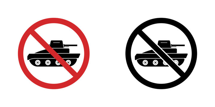 No Tanks Prohibition Sign Icon Set. Forbidden Military Vehicle Warning And Restriction Symbol Collection. Stop And Ban Notice. Isolated Vector Illustration