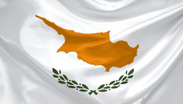 A full-screen, high-resolution national flag of Cyprus filling the entire frame edge to edge, featuring a clean white field with a copper-orange silhouette map of the island of Cyprus centered promine