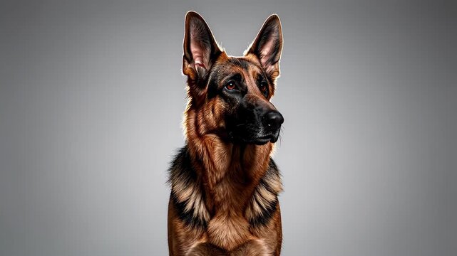 Alert German Shepherd Portrait on Gray Background.