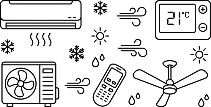 Air conditioning and climate control line art vector illustration elements set featuring split AC unit outdoor compressor thermostat controller ceiling fan and remote icons