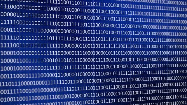 Abstract wall of binary code digital pattern background. Binary code animation on blue illuminated background.
