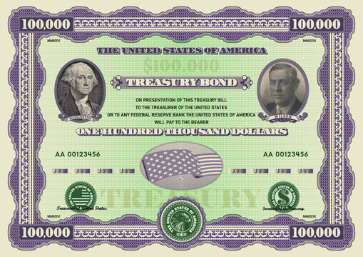Vector fictitious Treasury bond. Denomination 100000 dollars US. Vintage banknote or cheque. Pixelated mosaic portraits of Washington and Wilson. Retro banknote. Openwork frame. One hundred thousand