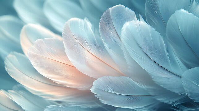 Delicate layered feathers with soft peach highlights against a cool serene background