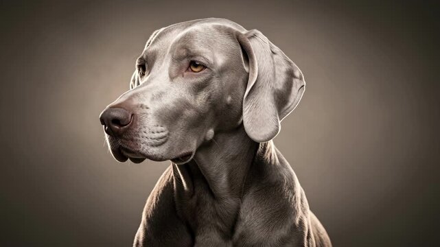 Elegant Weimaraner Dog Studio Portrait On Dark Background.