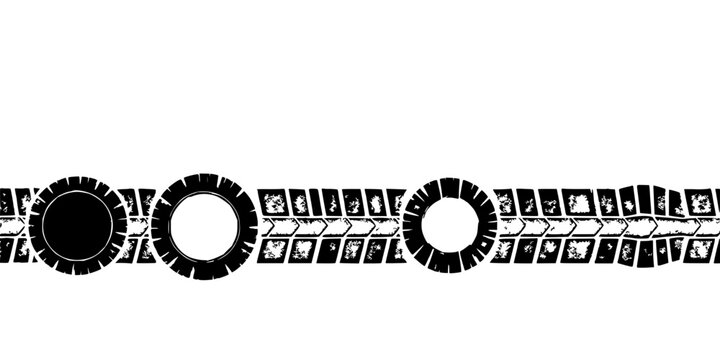 Tire track set with progressively incomplete circular imprints in a straight line featuring tire marks, wheel tracks, monochrome with textured and gritty