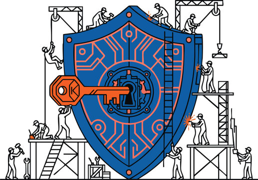 Cybersecurity Engineering Illustration with Construction Workers Building a Digital Shield