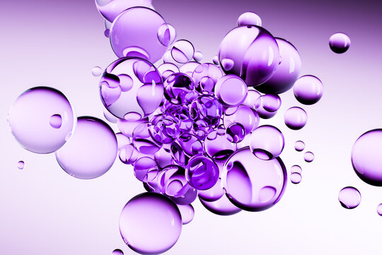 Transparent bubble essence with violet and lavender color. Futuristic cosmetic liquid bubbles on pastel background, abstract skincare serum texture with soft gradient background.	
