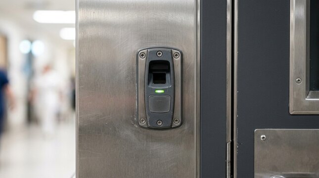 Keycard reader mounted beside a secure hospital data room door macro close-up - Healthcare Data Security and Hospital Compliance Stock Photo