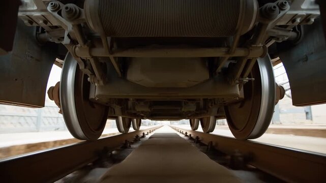 Beneath freight train bogie with steel wheelsets, axles, suspension links, brake rigging, and converging rails creating strong industrial depth and subtle forward movement