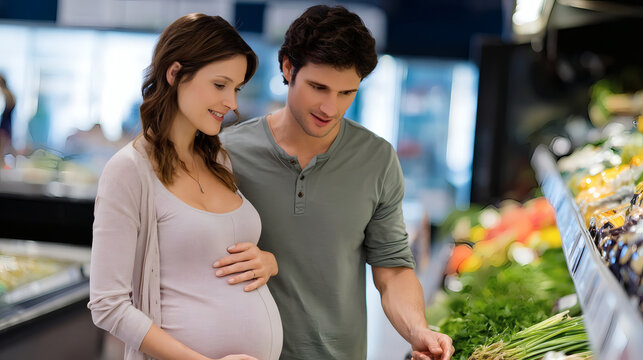 Happy young couple shopping for fresh vegetables in a grocery store, with the woman gently holding her pregnant belly. Healthy lifestyle and family concept.