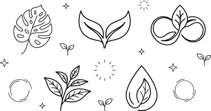 Minimalist organic leaves vector element set featuring hand drawn monstera leaf eco infinity sign tea branch water drop and line art icons
