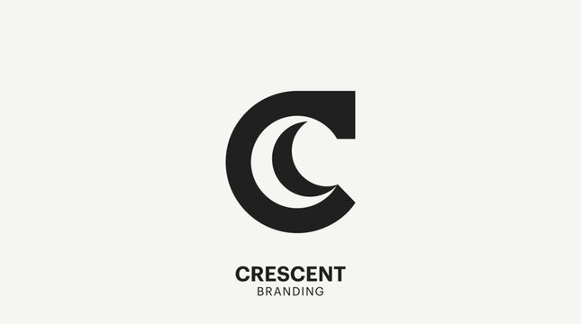 A minimalist graphic design featuring a stylized letter shape with a crescent moon element