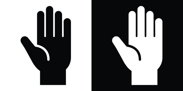 Raised hand with wrist icon in black and white styles. Geometric and modern flat design representation of a stop gesture, high-five, or vote.