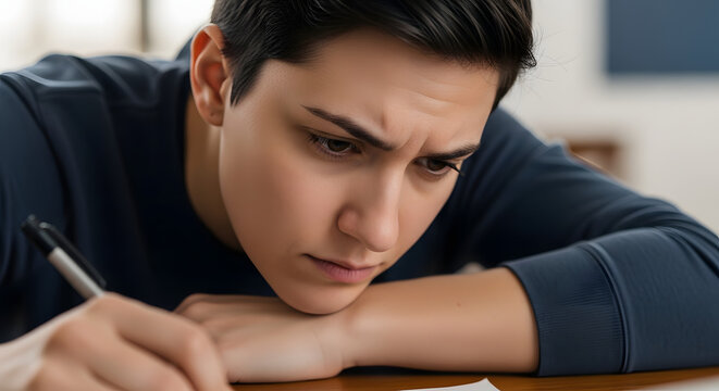 A young man looking down with a pensive, worried, or sad expression while resting his head on his crossed arms at a wooden table, depicting a mood of stress, deep thinking, or melancholy.