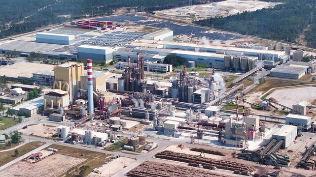 Aerial view of a large industrial pulp and paper mill plant