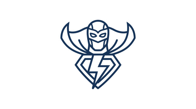 A minimalist vector illustration of a masked hero icon with a lightning bolt emblem