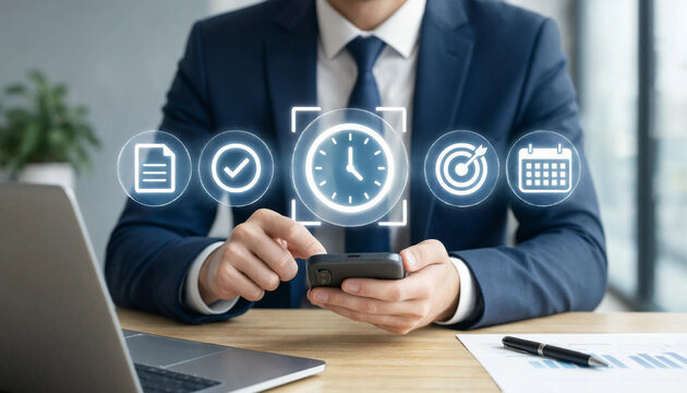 Business productivity dashboard with time management icons and digital workflow interface
