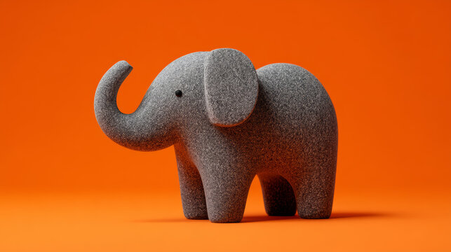 Small 3D toy elephant with matte grey texture on solid vibrant orange background. Playful minimalist animal character design, clean high contrast composition for copy space.