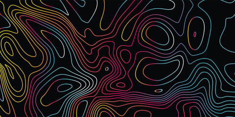 Topographic futuristic background with colorful lines on a dark background. The concept of conditional geographic patterns and topography. © Faisol
