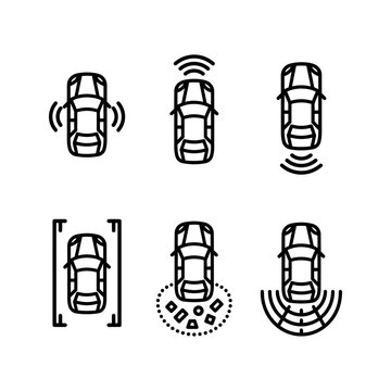 Top view car icons set representing autonomous driving smart sensor technology and parking assist.