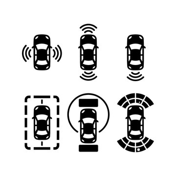 Smart car parking sensor system icons showing vehicle proximity and radar safety technology