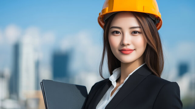 Professional woman in business attire wearing hard hat at construction site with city skyline in background