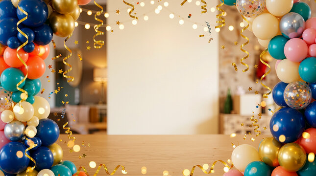 Colorful Party Decorations with Balloons and Streamers in a Festive Indoor Setting for Celebrations and Events