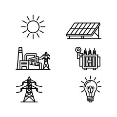 Naklejka premium Vector line icons set of solar energy, power plant, and electrical infrastructure symbols.