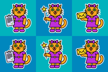 Obraz premium Cute cat girl holds different objects. Sticker set four. Character set