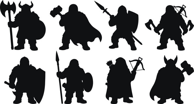 Fantasy dwarf warrior silhouettes, mythical bearded fighters with axes, hammers, crossbows, spears, armored dwarven soldiers, medieval fantasy battle characters, mythical infantrymen.