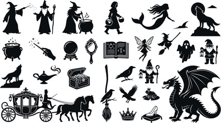 Fantasy fairytale elements silhouette, wizard, witch, dragon, mermaid, gnome, fairy, ghost, magic wand, cauldron, crystal ball, carriage, treasure chest. © MstSumi