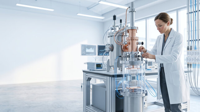 Physicist Adjusting Cryogenic Equipment in Laboratory Setting