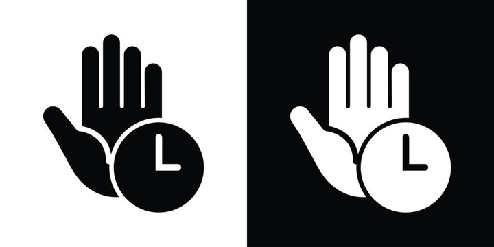 Open hand gesture paired with a clock symbol. Modern graphic design representing wait time, patience, time out, holding, or scheduling concepts.