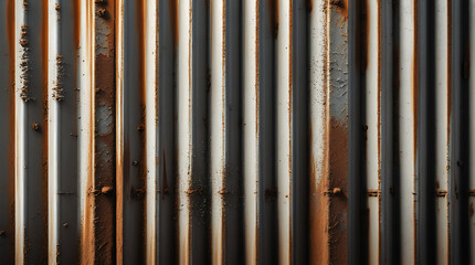 Obraz premium Distressed Ribbed Steel Wall Background with Orange Rust Patches, Corrugated Rusted Metal Sheet Texture with Weathered Industrial Patina is ideal for urban backdrops, and creative mockups.