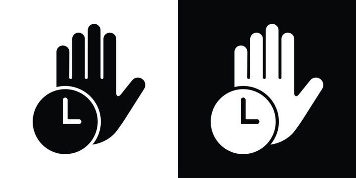 Open hand gesture paired with a clock symbol. Modern graphic design representing wait time, patience, time out, holding, or scheduling concepts.