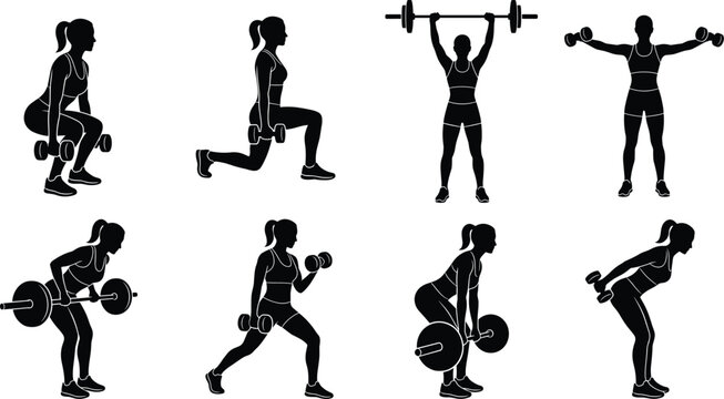 Fitness woman silhouettes doing weightlifting exercises with dumbbells and barbells, female athlete workout poses isolated flat graphic design elements