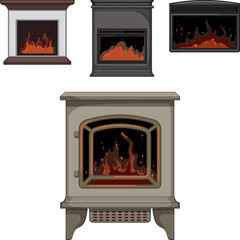 Obraz premium Fireplaces and stoves with glowing flames set cozy interior scenes, evoking home heating, warmth and relaxationmodern and traditional hearths for domestic comfort