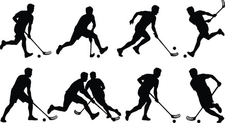Floorball player silhouettes, field hockey athletes in action with sticks and balls, indoor hockey team sports players icons © MstSumi