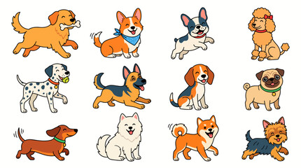 Obraz premium A vibrant collection of cartoon dog breeds, showcasing various types and playful poses in a charming illustration style.