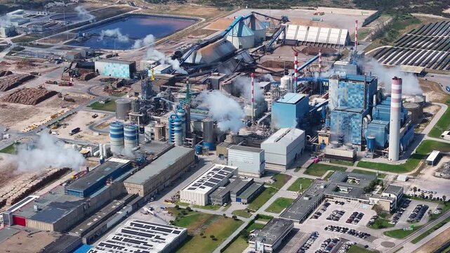 Aerial view of a large industrial paper mill plant