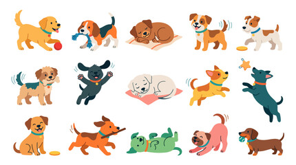 Obraz premium A collection of cute cartoon puppies in various playful and resting poses, showcasing different breeds and activities on a white background.